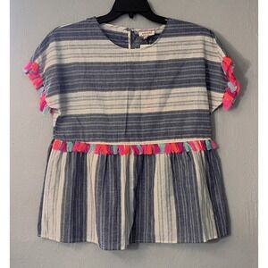 Andree by Unit Blouse Womens Blue White Striped Tassel Boho‎ Babydoll Top Size L